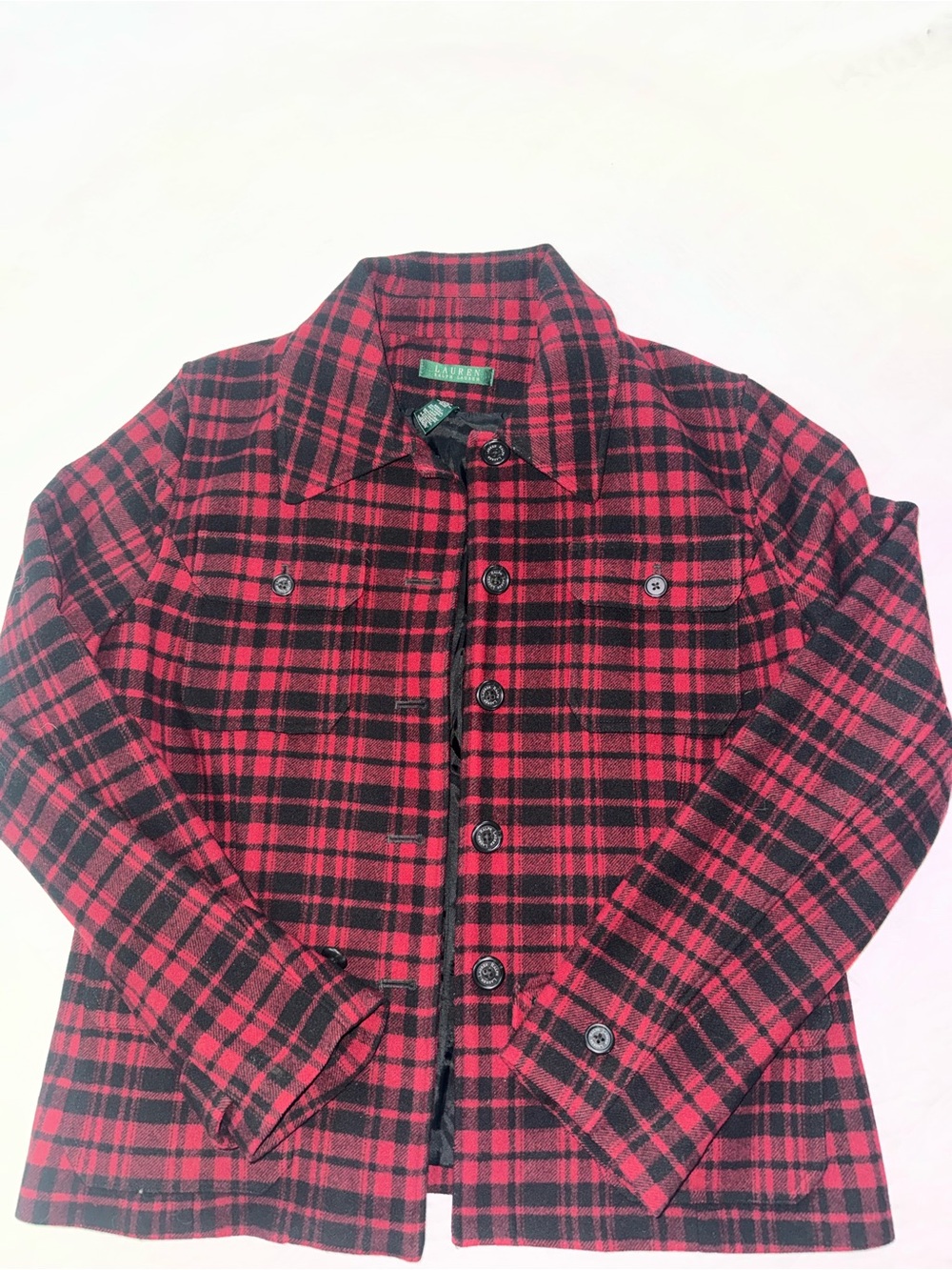 Lauren Ralph Lauren Red Black Plaid Wool Shirt Jacket Shacket Size L